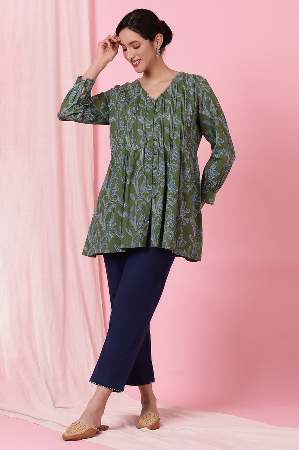 Green Handblock Printed Top in Cotton Voile