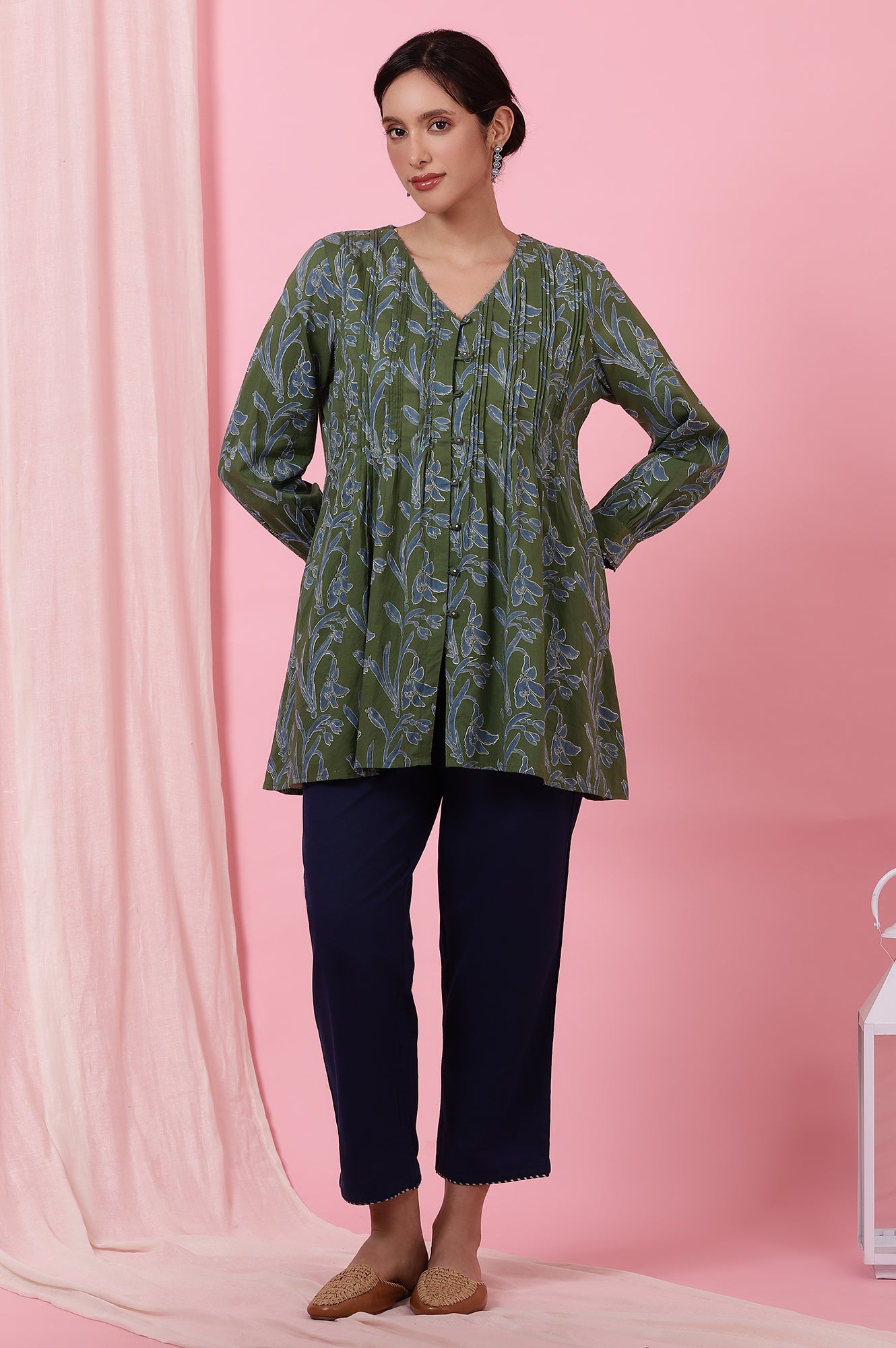 Green Handblock Printed Top in Cotton Voile