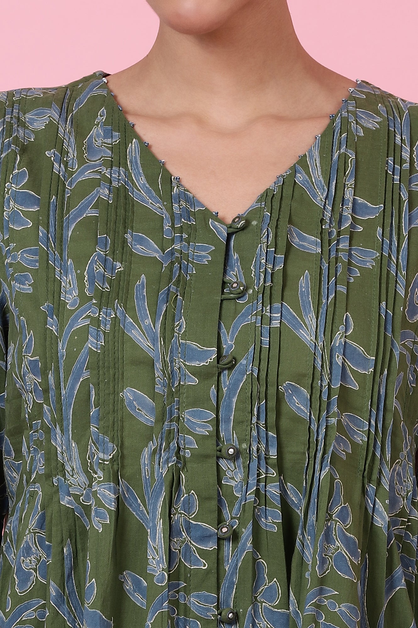 Green Handblock Printed Top in Cotton Voile