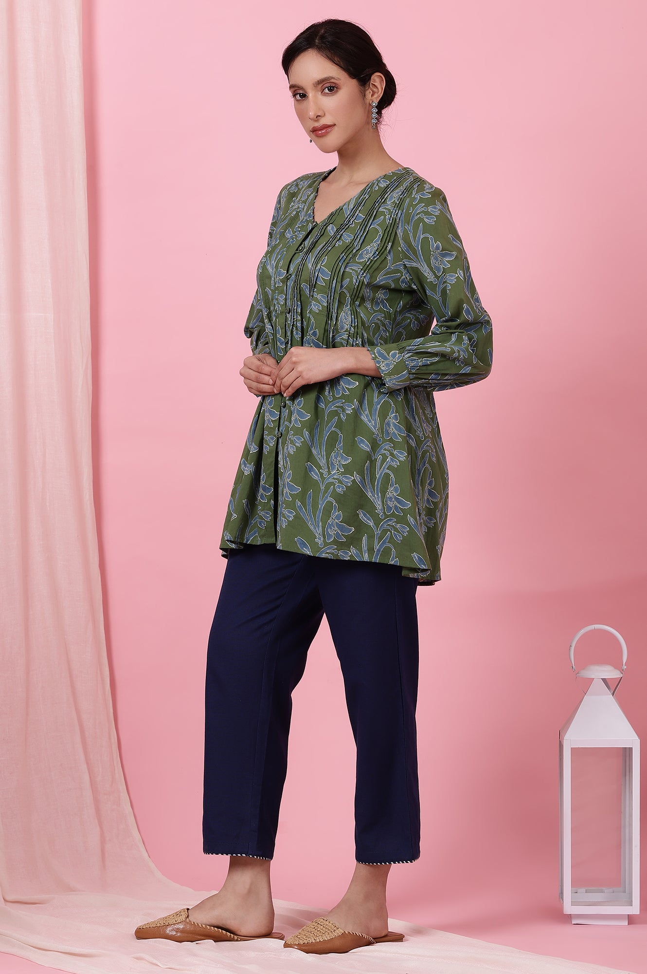 Green Handblock Printed Top in Cotton Voile