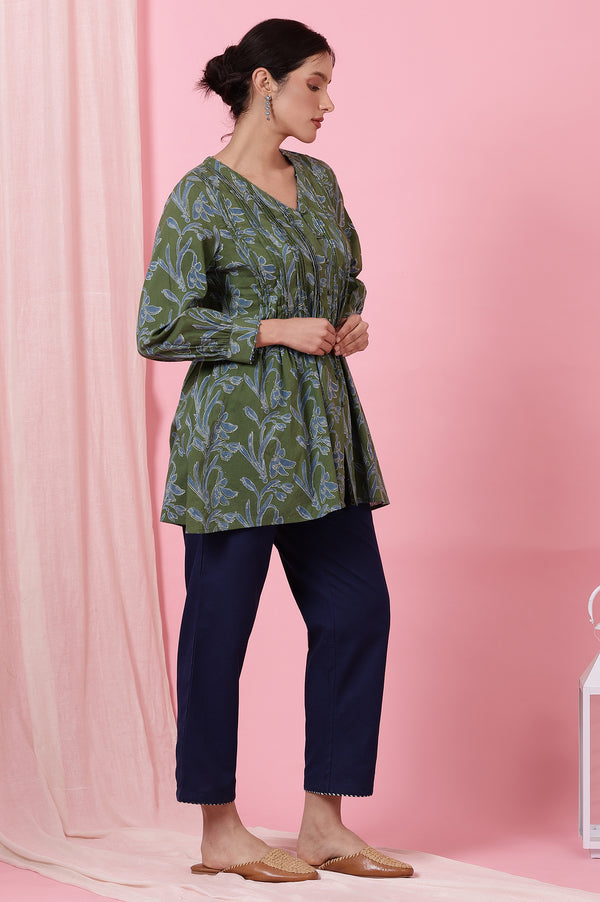 Green Handblock Printed Top in Cotton Voile