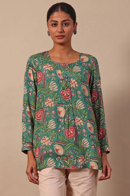 Green Floral Printed Straight Top