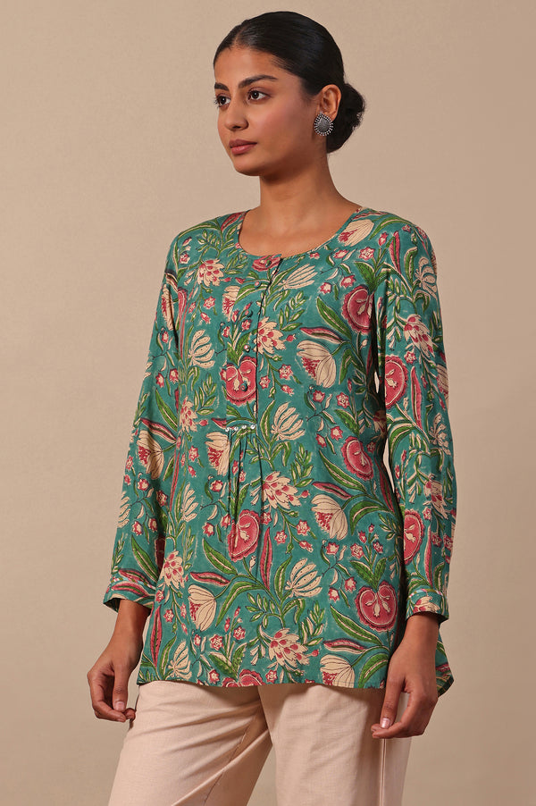Green Floral Printed Straight Top