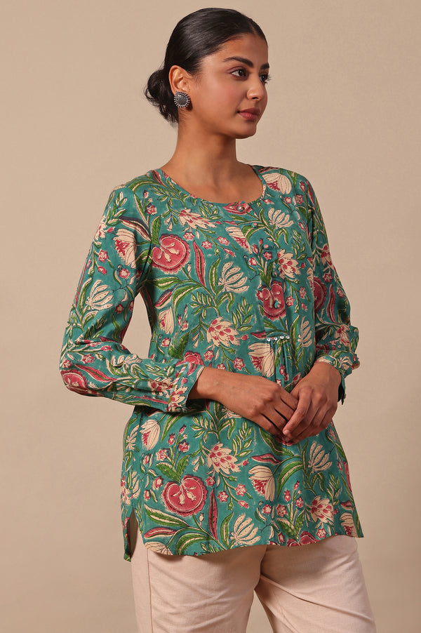 Green Floral Printed Straight Top