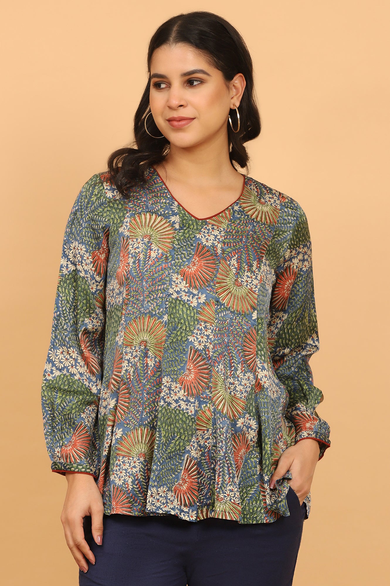 Floral Handblock Printed V-neck Top in Fluid Modal Satin