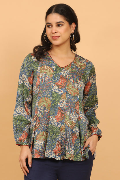 Floral Handblock Printed V-neck Top in Fluid Modal Satin