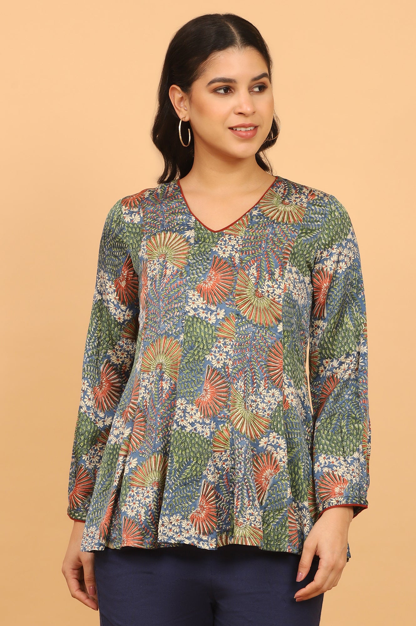 Floral Handblock Printed V-neck Top in Fluid Modal Satin