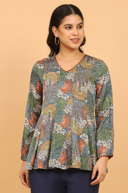 Floral Handblock Printed V-neck Top in Fluid Modal Satin