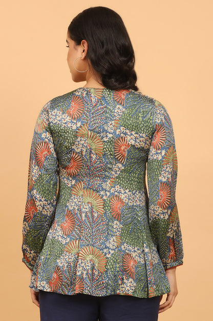 Floral Handblock Printed V-neck Top in Fluid Modal Satin