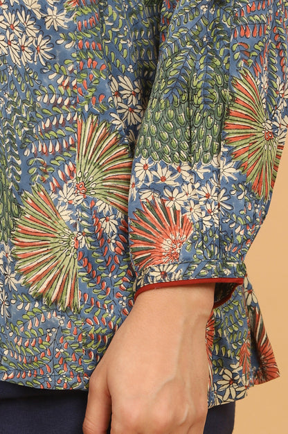 Floral Handblock Printed V-neck Top in Fluid Modal Satin