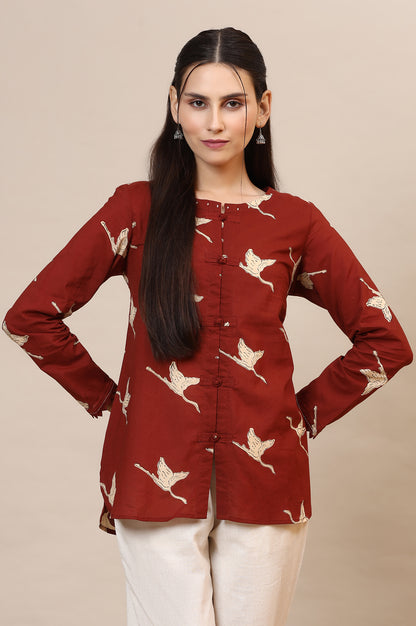 Rust Handblock Printed Top In Swan Print
