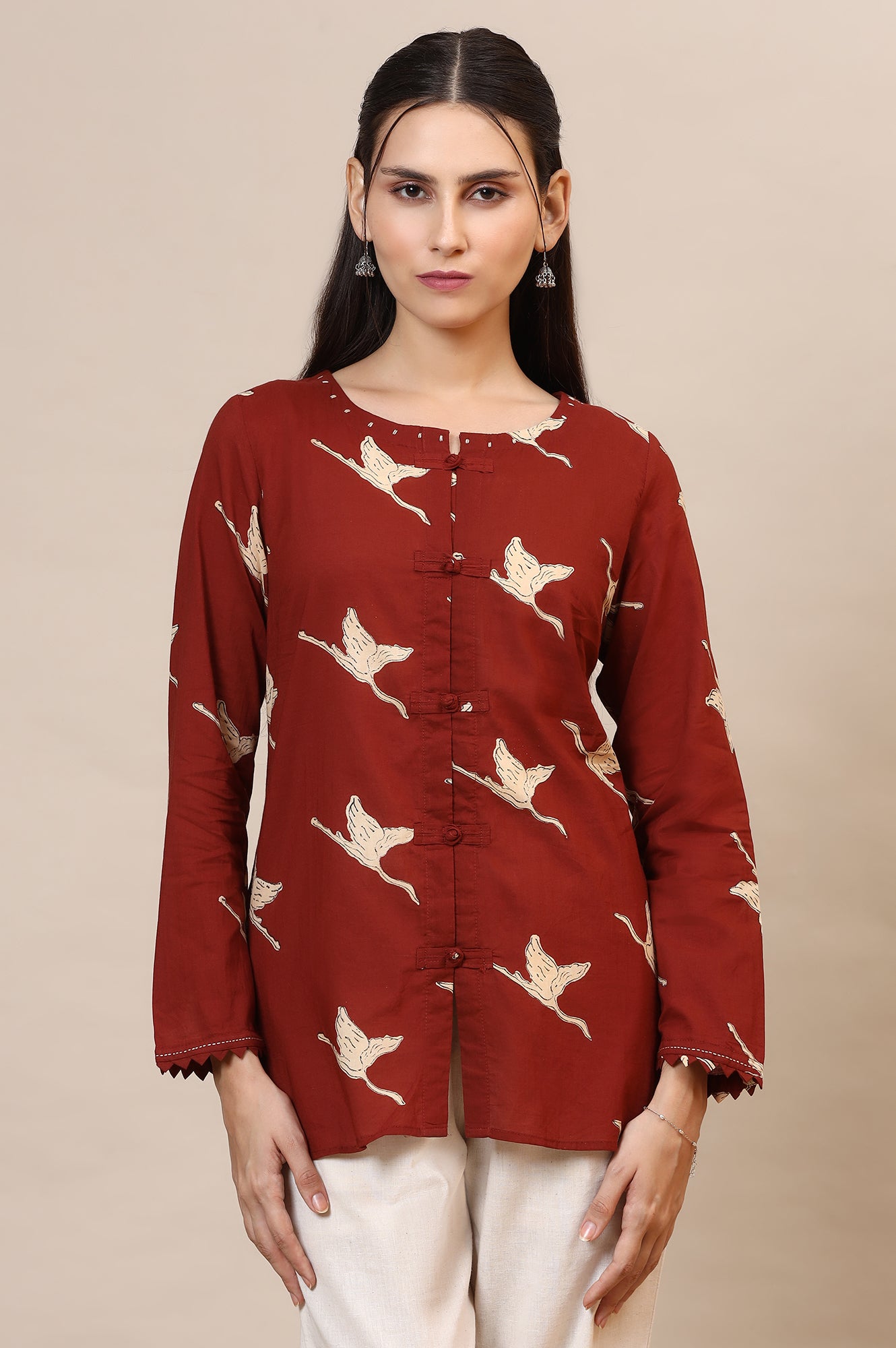Rust Handblock Printed Top In Swan Print