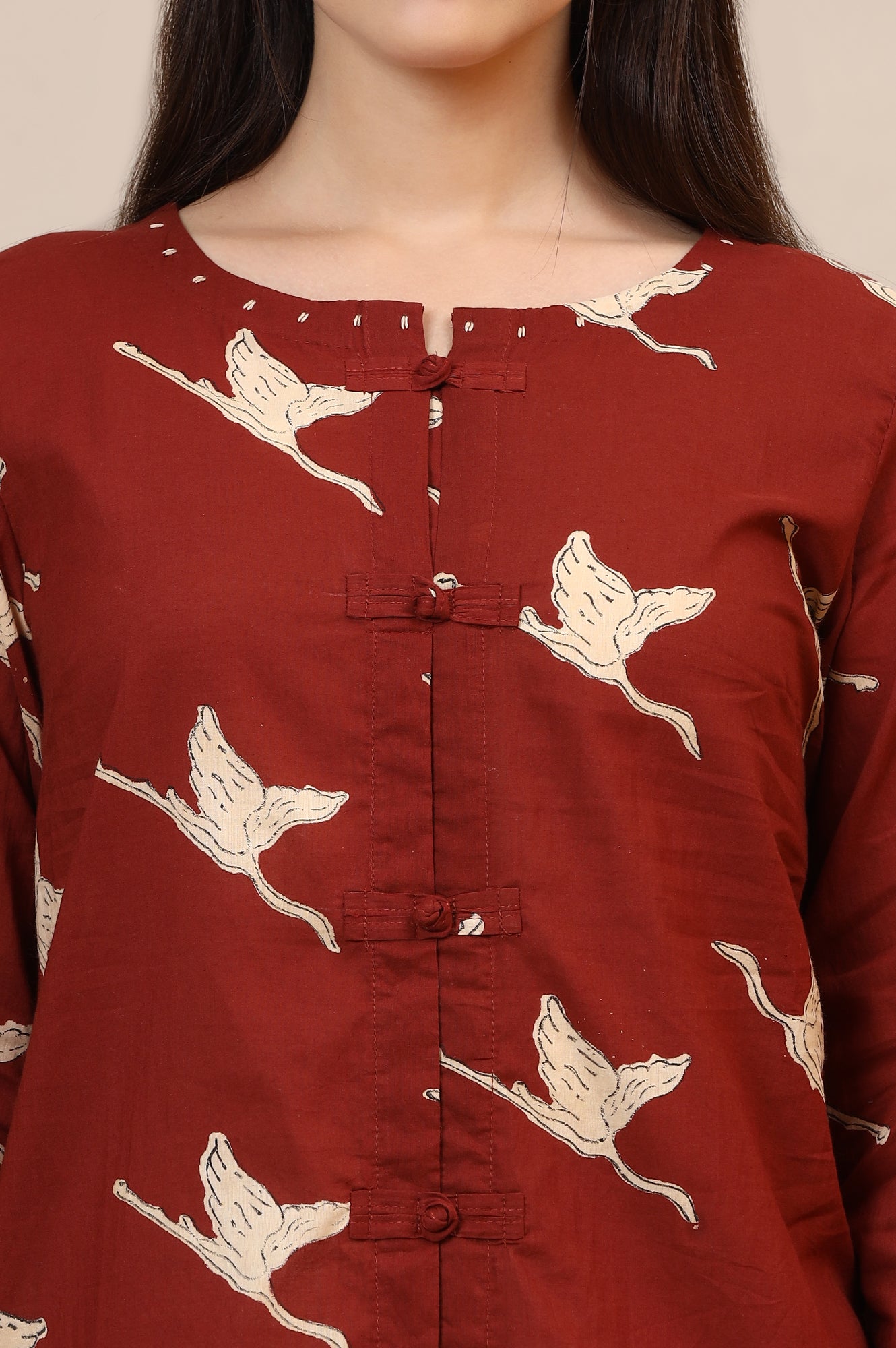 Rust Handblock Printed Top In Swan Print