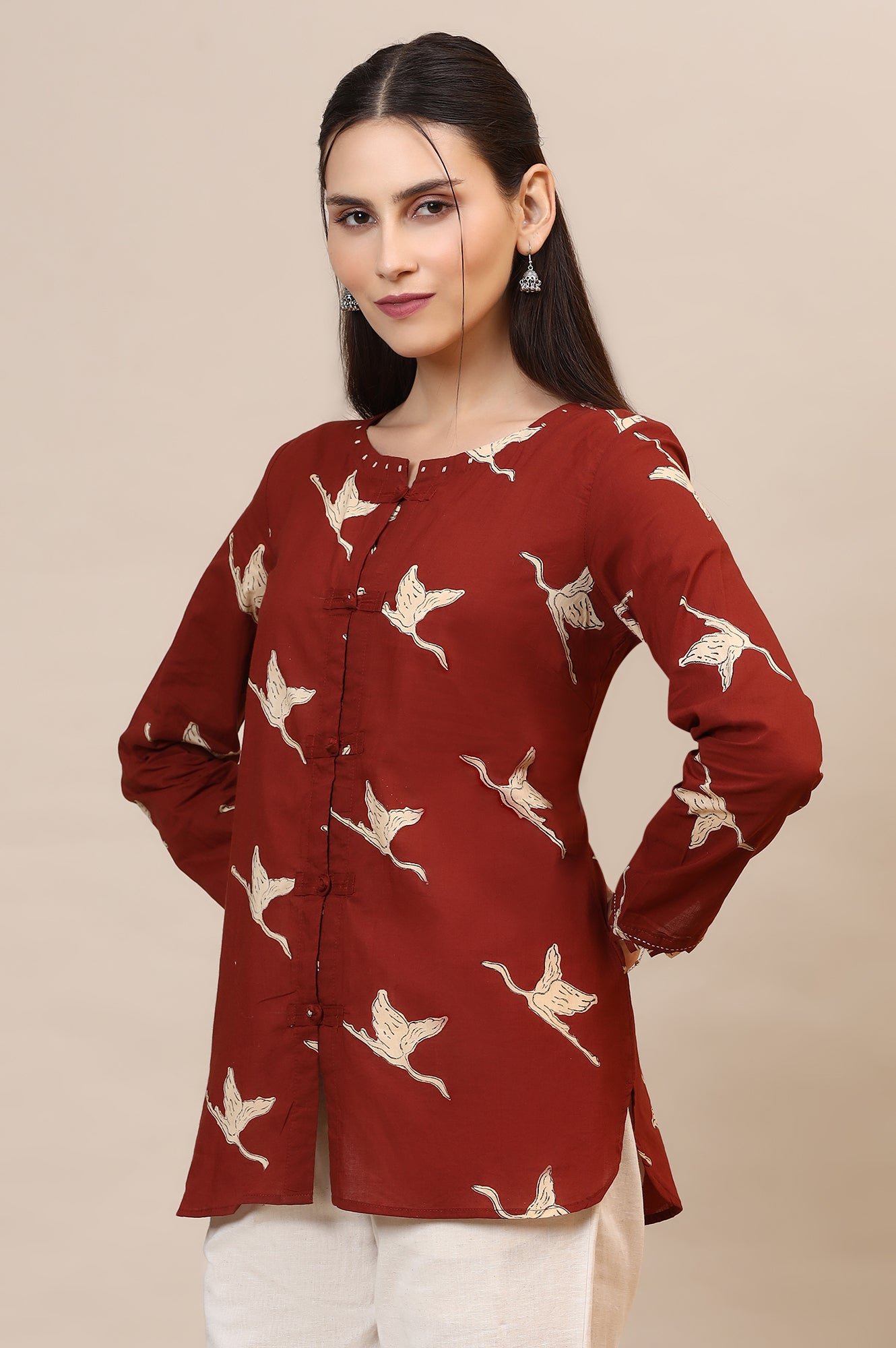 Rust Handblock Printed Top In Swan Print