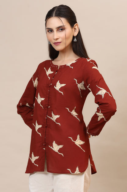 Rust Handblock Printed Top In Swan Print