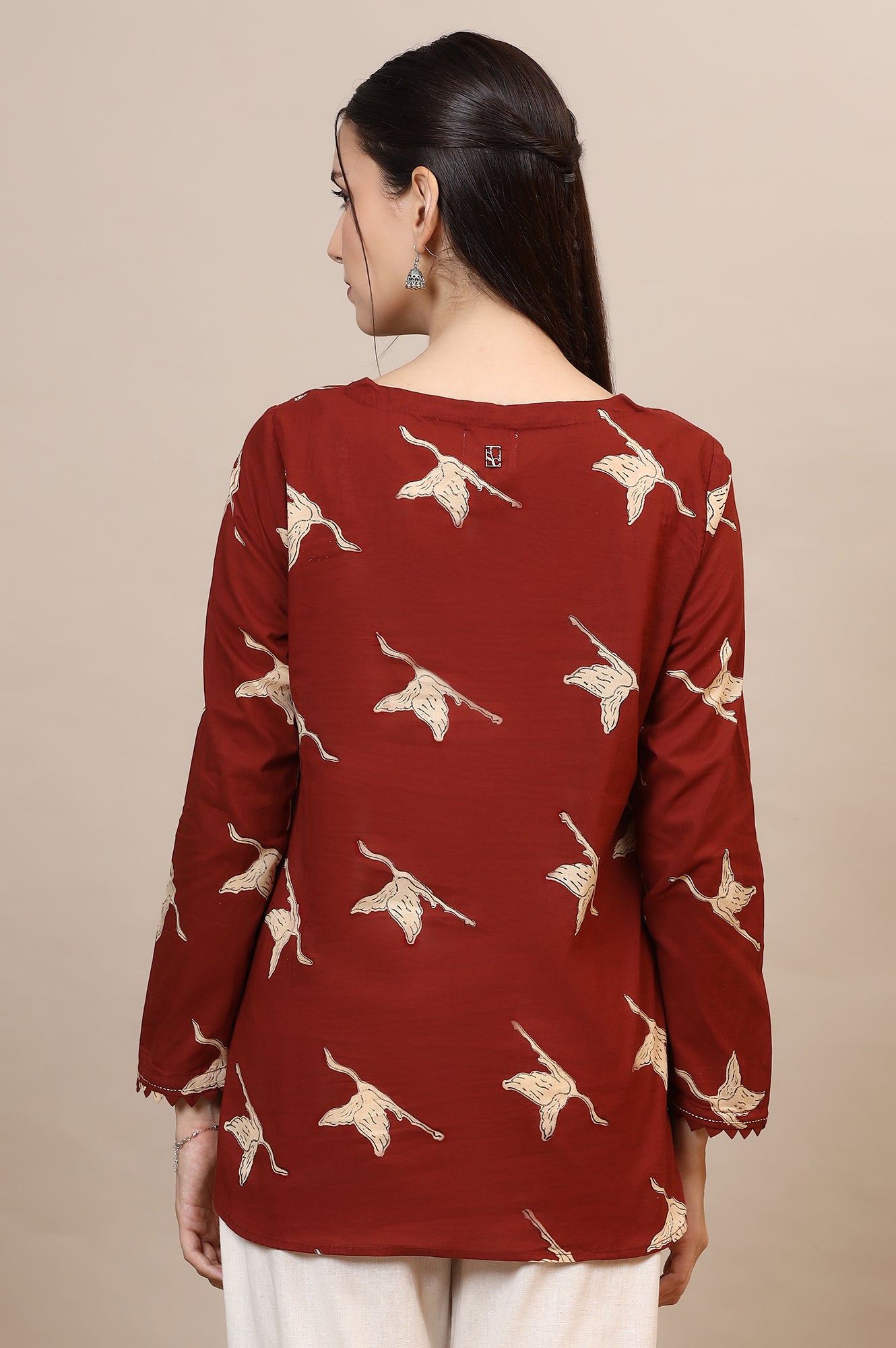 Rust Handblock Printed Top In Swan Print