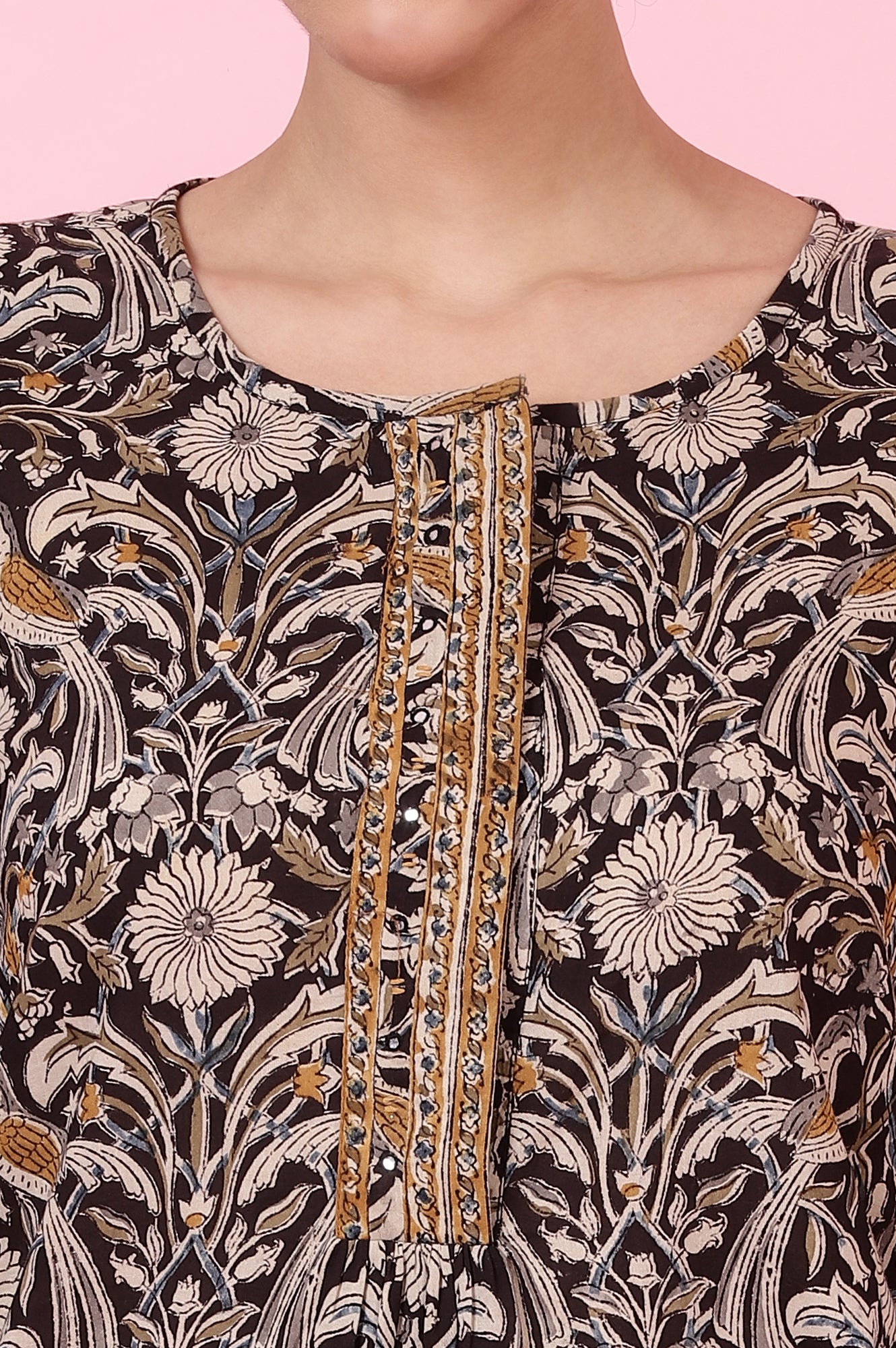 Black Handblock Print kalamkari Top in Soft Cotton