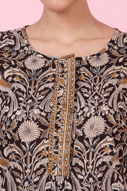 Black Handblock Print kalamkari Top in Soft Cotton