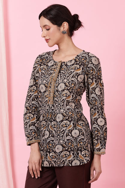 Black Handblock Print kalamkari Top in Soft Cotton