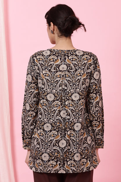 Black Handblock Print kalamkari Top in Soft Cotton