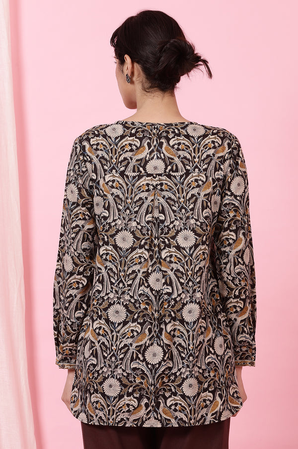 Black Handblock Print kalamkari Top in Soft Cotton