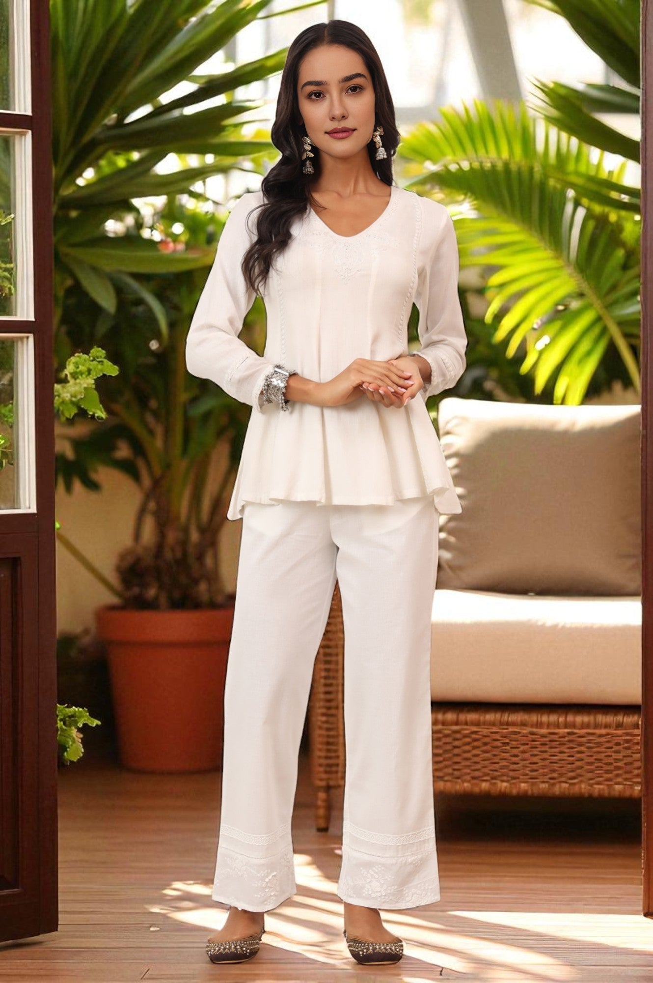 Ecru V-neck Chikankari Flared Top