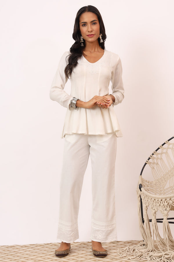 Ecru V-neck Chikankari Flared Top