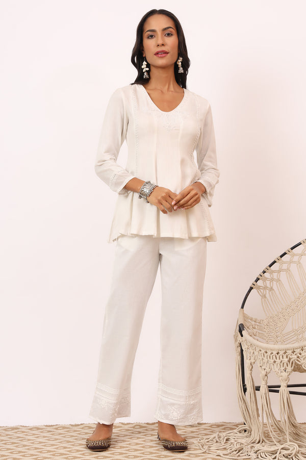 Ecru V-neck Chikankari Flared Top