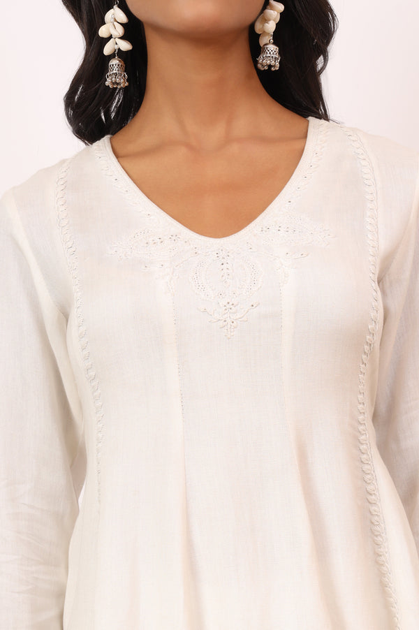Ecru V-neck Chikankari Flared Top