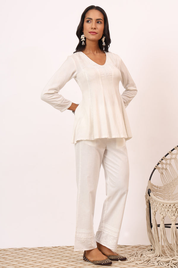 Ecru V-neck Chikankari Flared Top