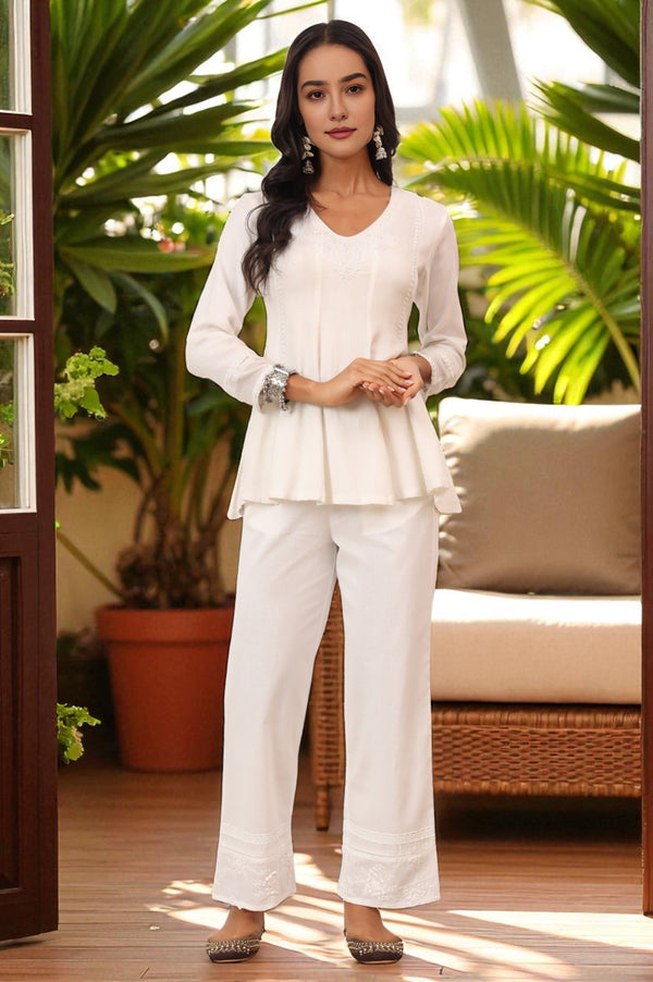 Ecru V-neck Chikankari Flared Top