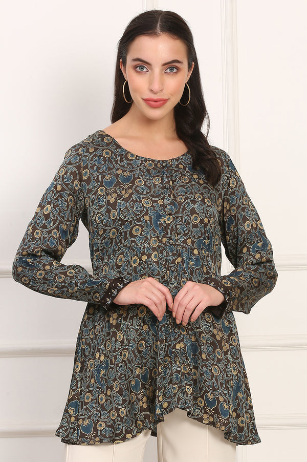 Brown Ajrak Printed Modal Satin Top with Thread Embroidery