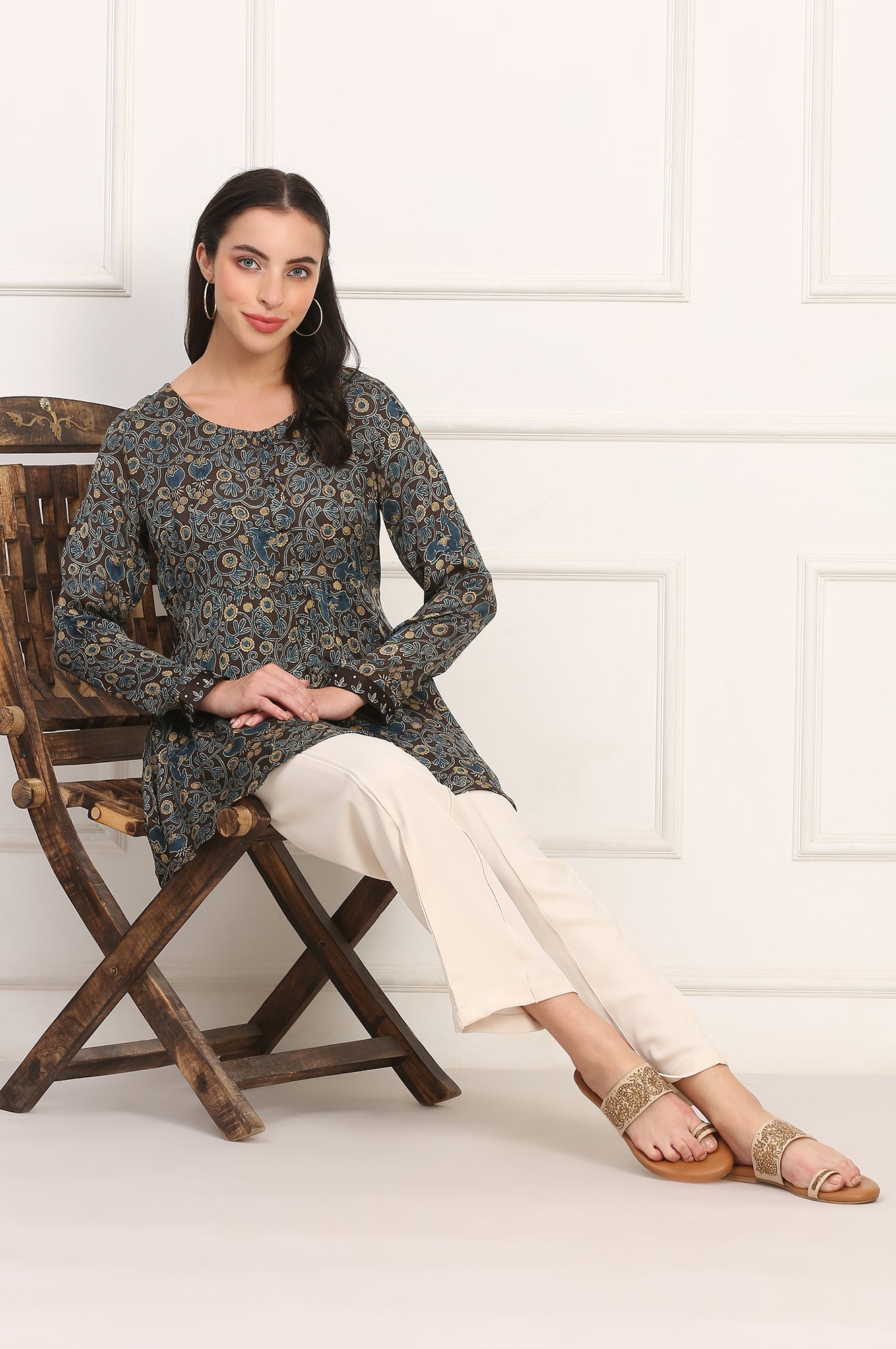 Brown Ajrak Printed Modal Satin Top with Thread Embroidery