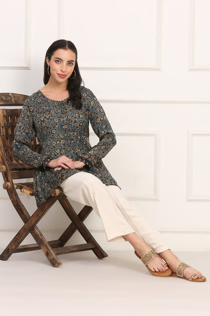 Brown Ajrak Printed Modal Satin Top with Thread Embroidery