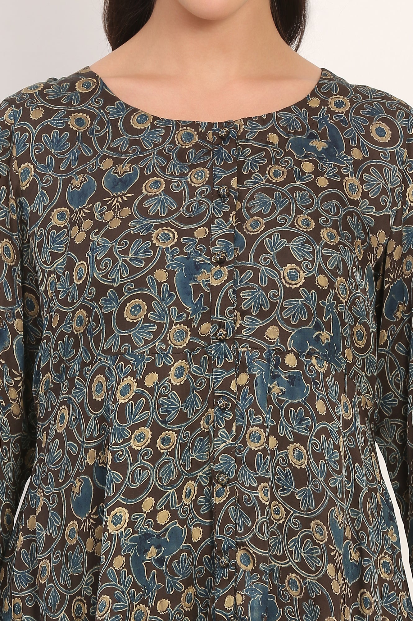 Brown Ajrak Printed Modal Satin Top with Thread Embroidery