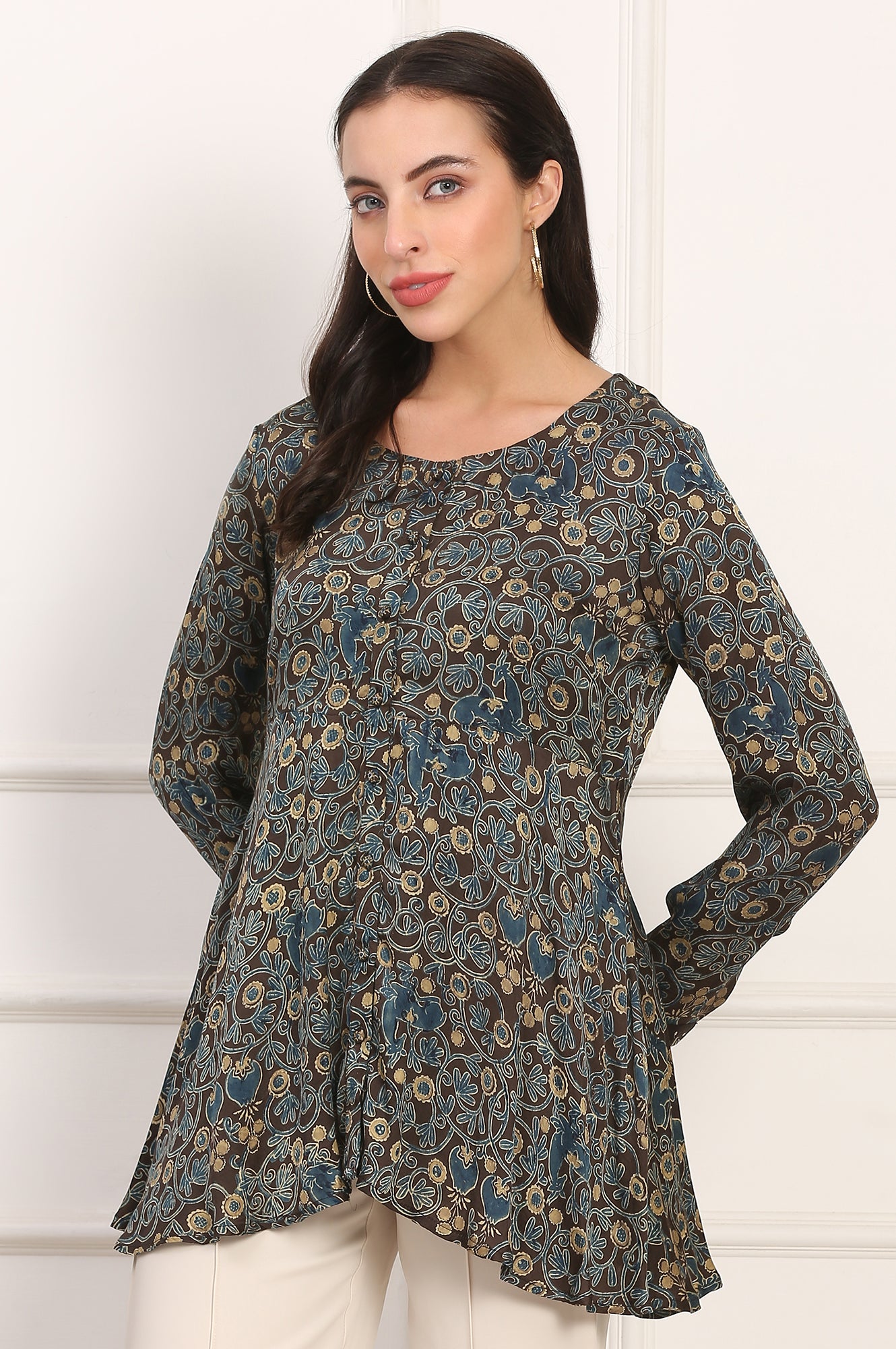 Brown Ajrak Printed Modal Satin Top with Thread Embroidery