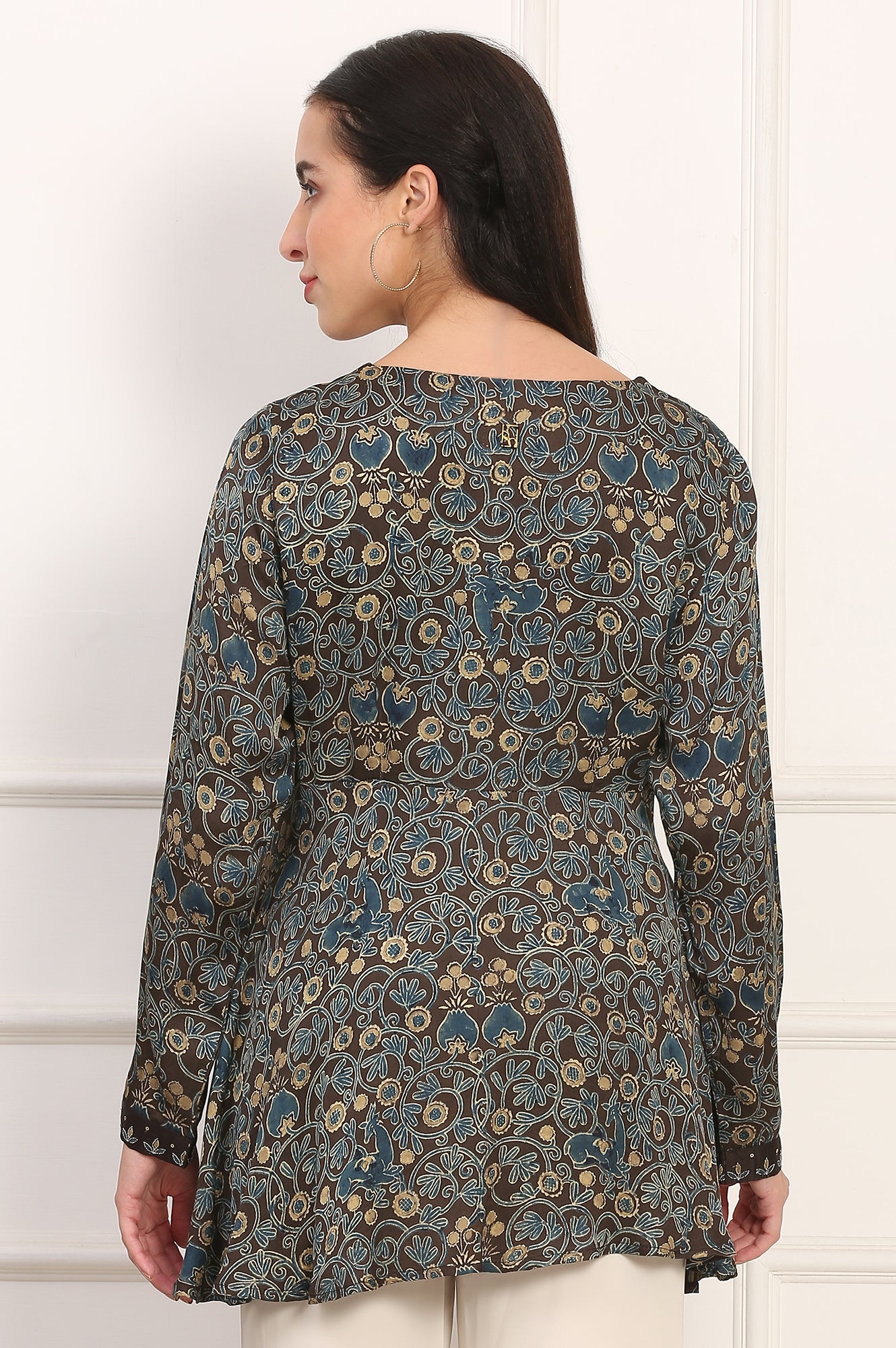 Brown Ajrak Printed Modal Satin Top with Thread Embroidery