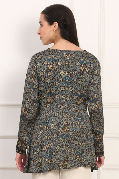 Brown Ajrak Printed Modal Satin Top with Thread Embroidery