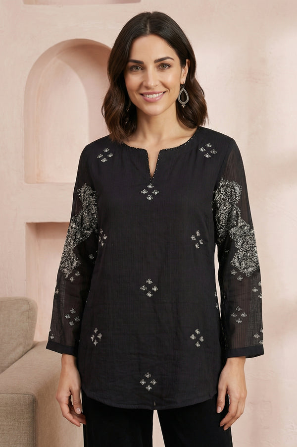 Black Embroidered Cotton Silk Kota Straight Top