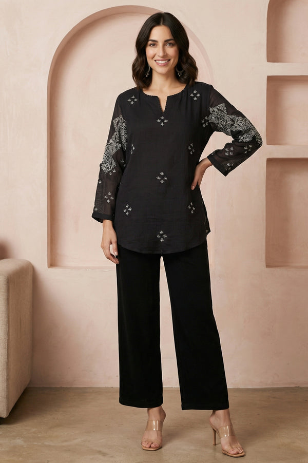 Black Embroidered Cotton Silk Kota Straight Top