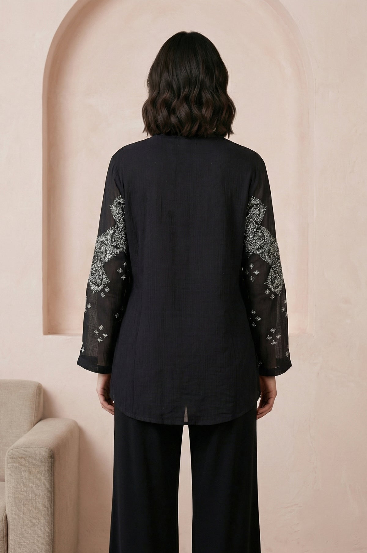 Black Embroidered Cotton Silk Kota Straight Top