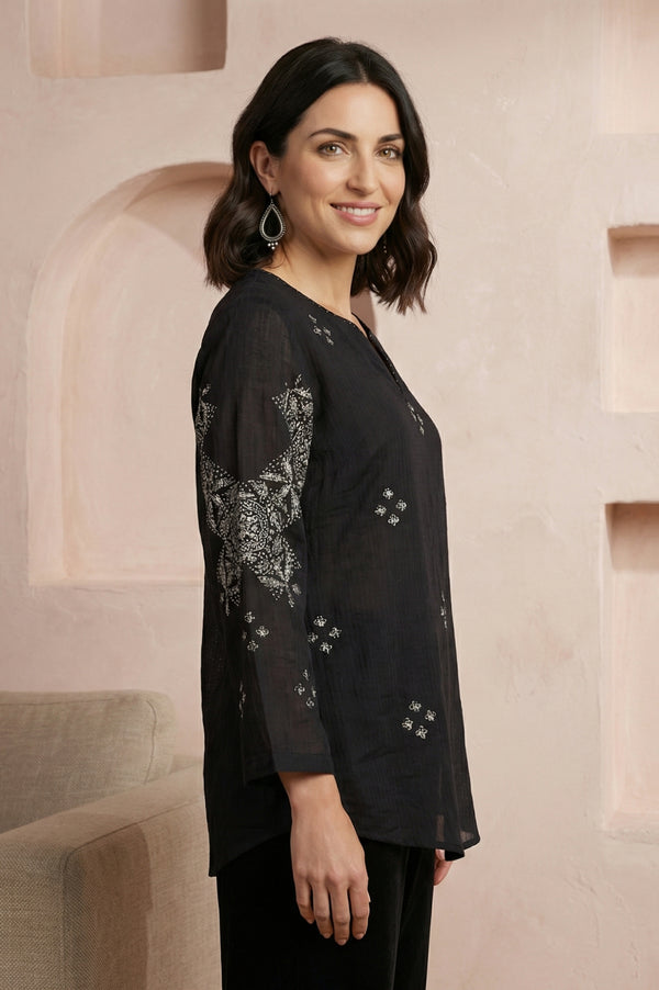 Black Embroidered Cotton Silk Kota Straight Top