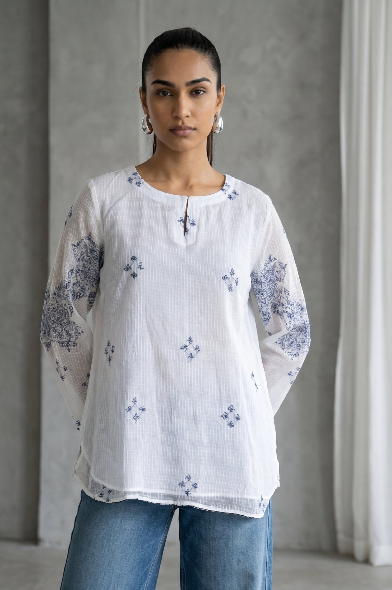 White Ethnic Motifs Embroidered Cotton Blend Straight Top