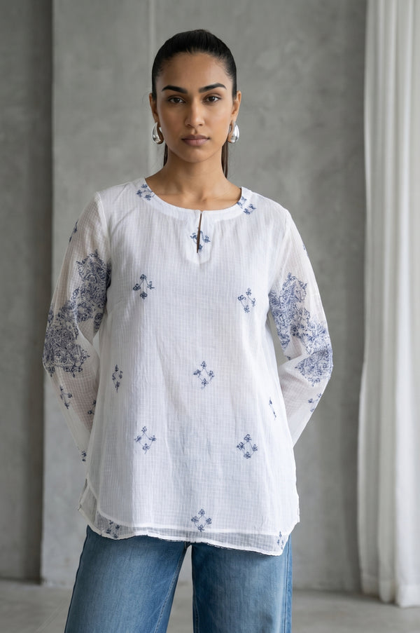 White Ethnic Motifs Embroidered Cotton Blend Straight Top