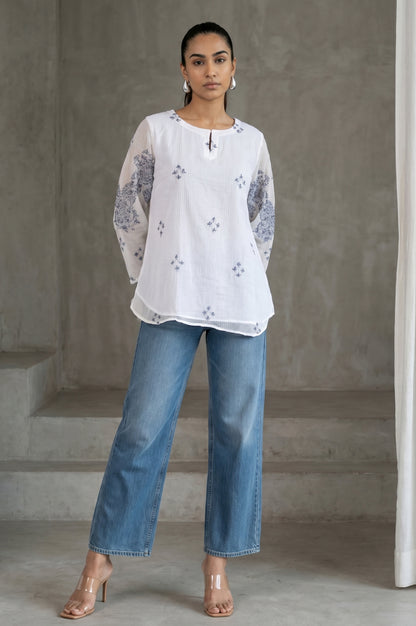 White Ethnic Motifs Embroidered Cotton Blend Straight Top