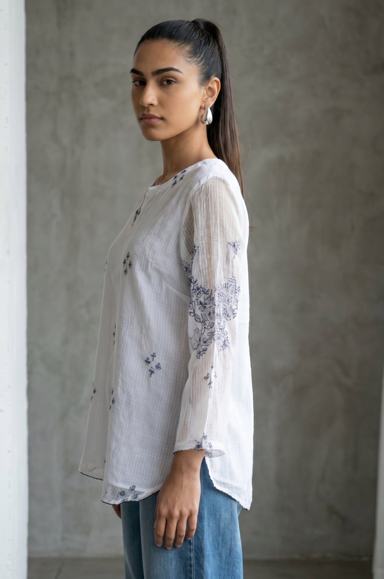 White Ethnic Motifs Embroidered Cotton Blend Straight Top