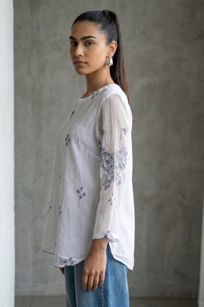 White Ethnic Motifs Embroidered Cotton Blend Straight Top