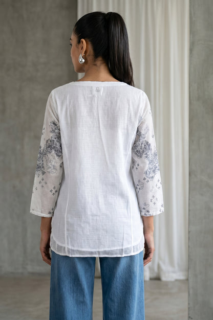 White Ethnic Motifs Embroidered Cotton Blend Straight Top