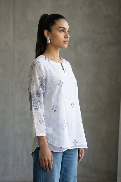 White Ethnic Motifs Embroidered Cotton Blend Straight Top