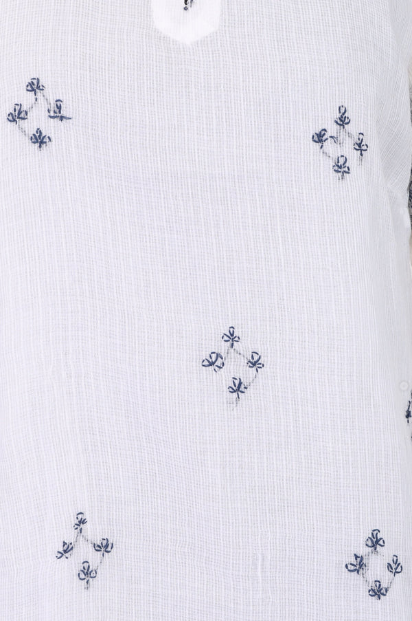 White Ethnic Motifs Embroidered Cotton Blend Straight Top